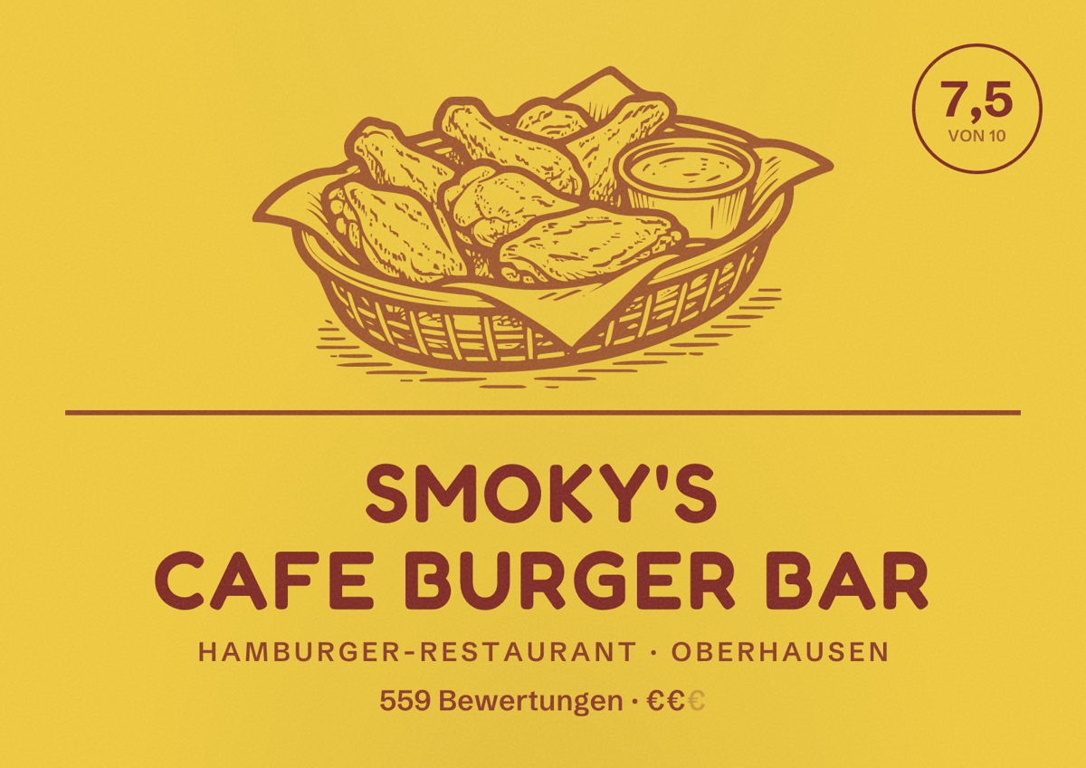 Illustriertes Poster von Smoky's Cafe Burger Bar, Hamburger-Restaurant in Oberhausen: Bewertung 7,5 von 10 aus 559 Bewertungen, Preisniveau €€
