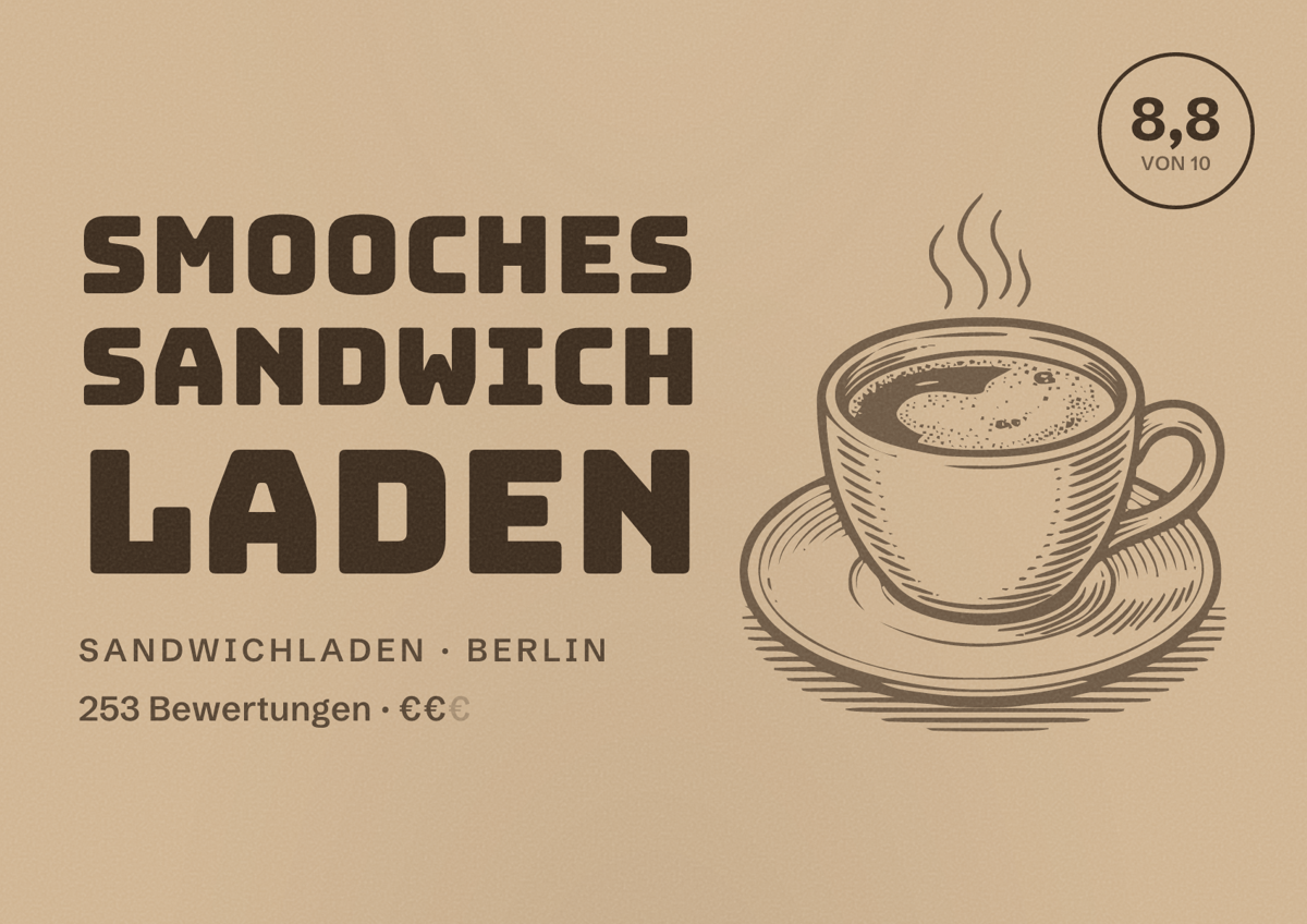 Illustriertes Poster von Smooches Sandwich Laden, Sandwichladen in Berlin: Bewertung 8,8 von 10 aus 253 Bewertungen, Preisniveau €€