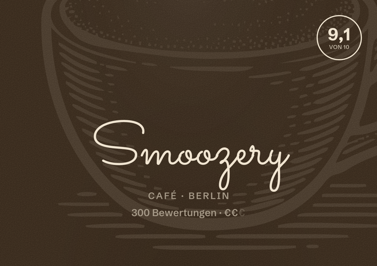 Illustriertes Poster von Smoozery, Café in Berlin: Bewertung 9,1 von 10 aus 300 Bewertungen, Preisniveau €€