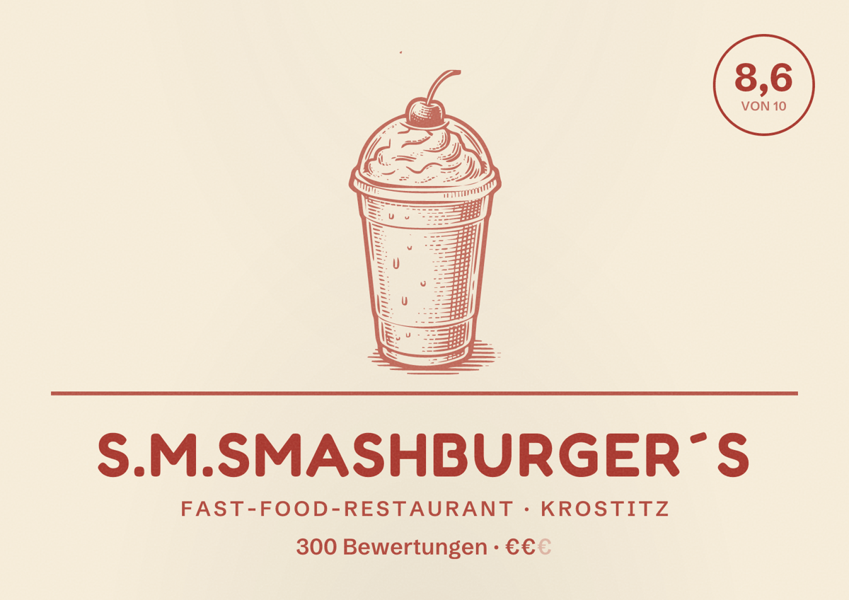 Illustriertes Poster von S.M.Smashburger´s, Fast-Food-Restaurant in Krostitz: Bewertung 8,6 von 10 aus 300 Bewertungen, Preisniveau €€