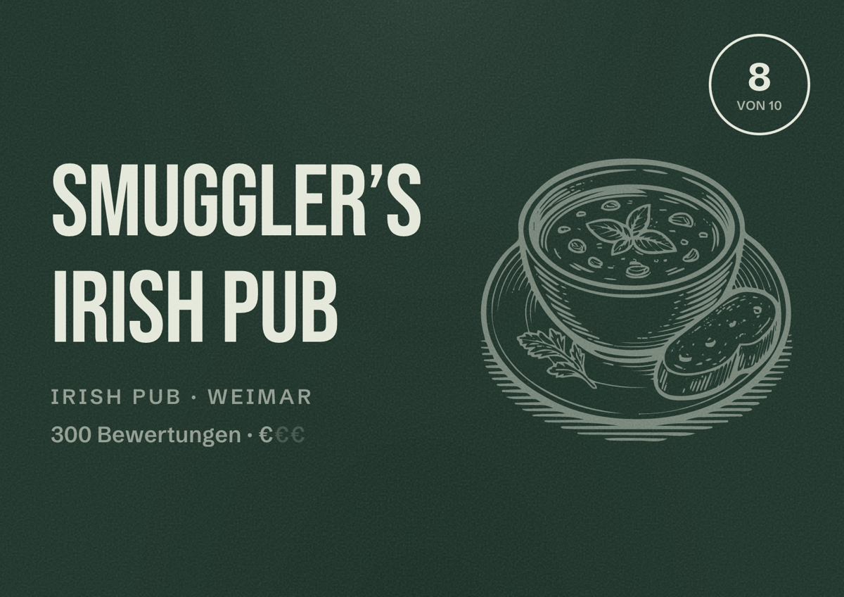 Illustriertes Poster von Smuggler’s Irish Pub, Irish Pub in Weimar: Bewertung 8 von 10 aus 300 Bewertungen, Preisniveau €