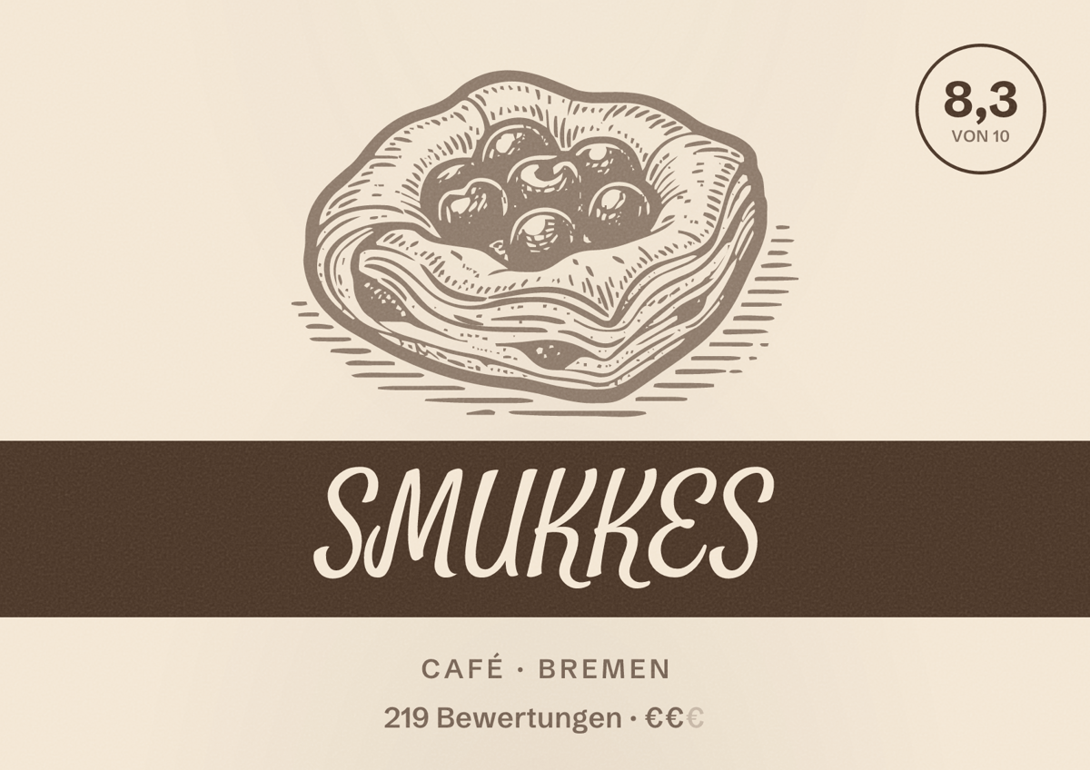 Illustriertes Poster von SMUKKES, Café in Bremen: Bewertung 8,3 von 10 aus 219 Bewertungen, Preisniveau €€