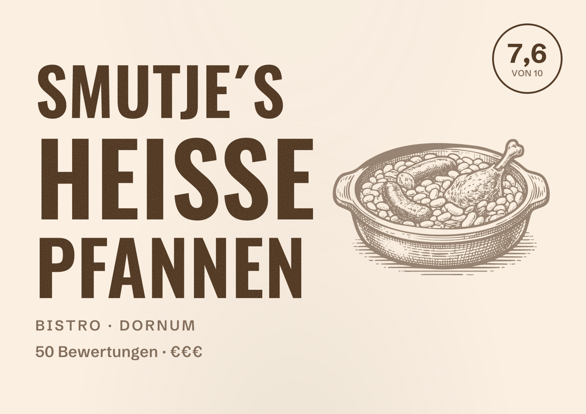 Illustriertes Poster von Smutje´s Heiße Pfannen, Bistro in Dornum: Bewertung 7,6 von 10 aus 50 Bewertungen, Preisniveau €€€