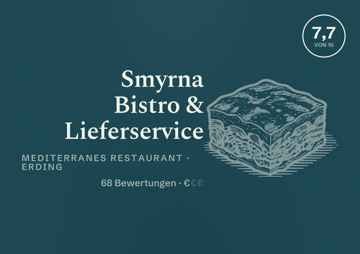 Illustriertes Poster von Smyrna Bistro & Lieferservice, Mediterranes Restaurant in Erding: Bewertung 7,7 von 10 aus 68 Bewertungen, Preisniveau €