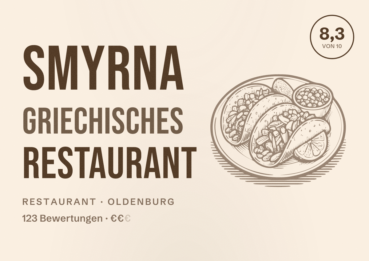 Illustriertes Poster von SMYRNA Griechisches Restaurant, Restaurant in Oldenburg: Bewertung 8,3 von 10 aus 123 Bewertungen, Preisniveau €€