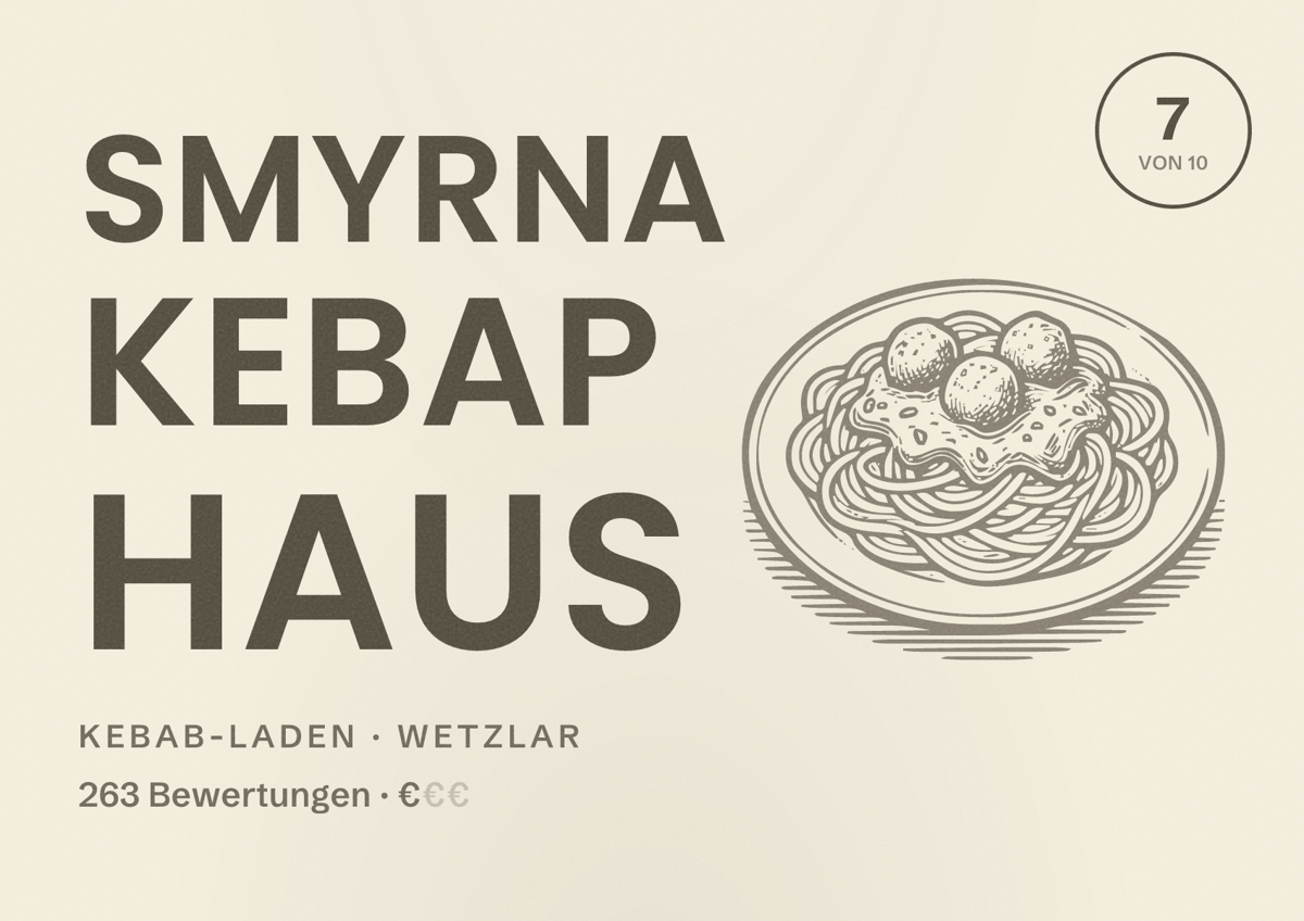 Illustriertes Poster von Smyrna Kebap Haus, Kebab-Laden in Wetzlar: Bewertung 7 von 10 aus 263 Bewertungen, Preisniveau €