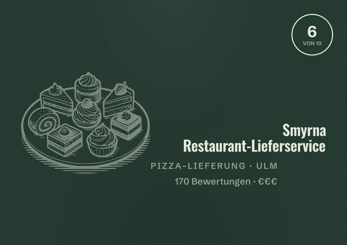 Illustriertes Poster von Smyrna Restaurant-Lieferservice, Pizza-Lieferung in Ulm: Bewertung 6 von 10 aus 170 Bewertungen, Preisniveau €€€