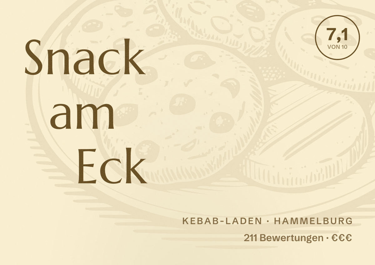 Illustriertes Poster von Snack am Eck, Kebab-Laden in Hammelburg: Bewertung 7,1 von 10 aus 211 Bewertungen, Preisniveau €€€