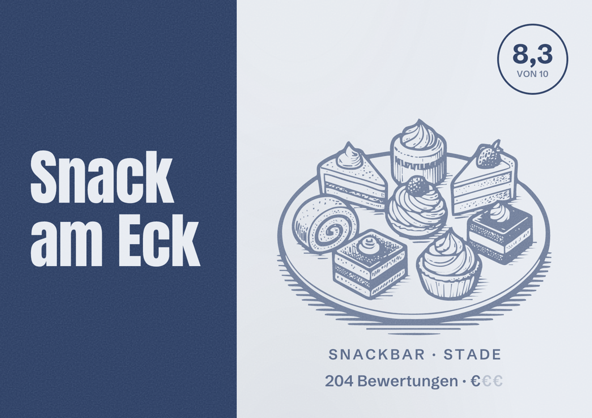 Illustriertes Poster von Snack am Eck, Snackbar in Stade: Bewertung 8,3 von 10 aus 204 Bewertungen, Preisniveau €