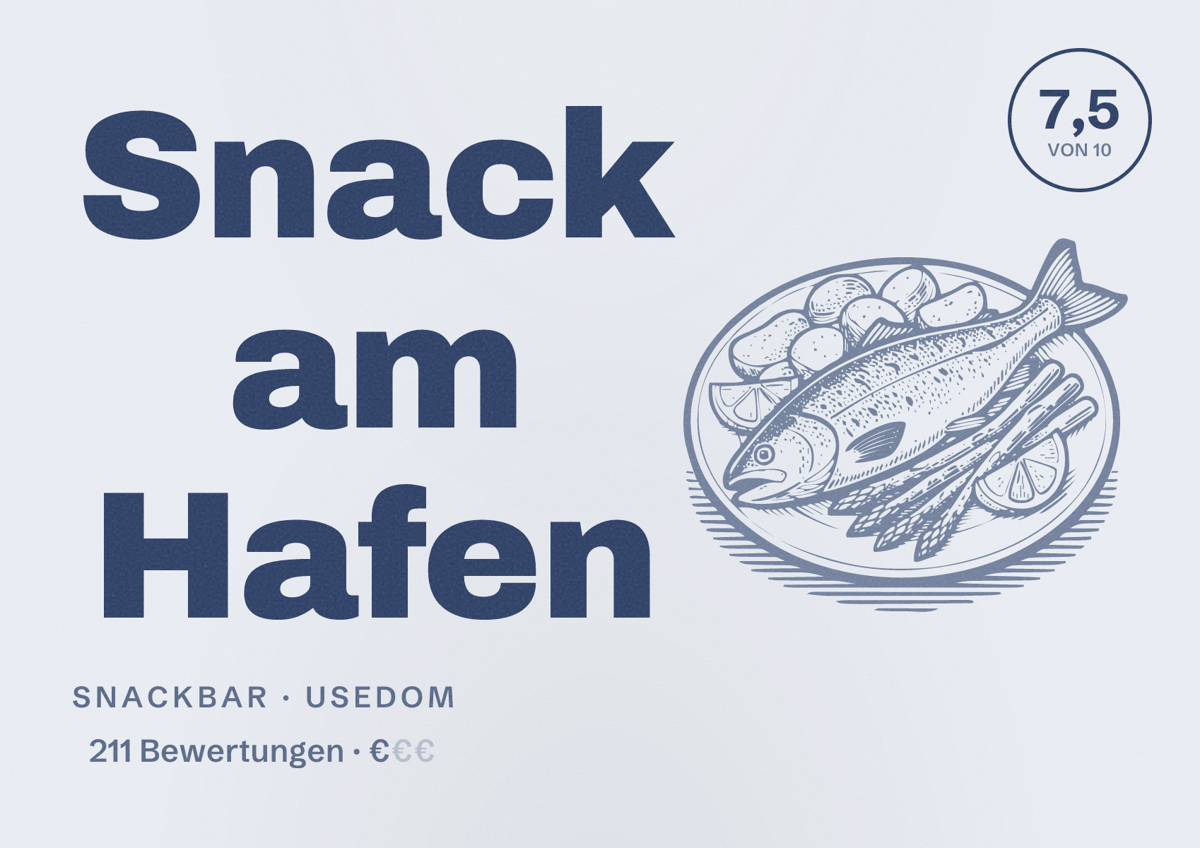Illustriertes Poster von Snack am Hafen, Snackbar in Usedom: Bewertung 7,5 von 10 aus 211 Bewertungen, Preisniveau €
