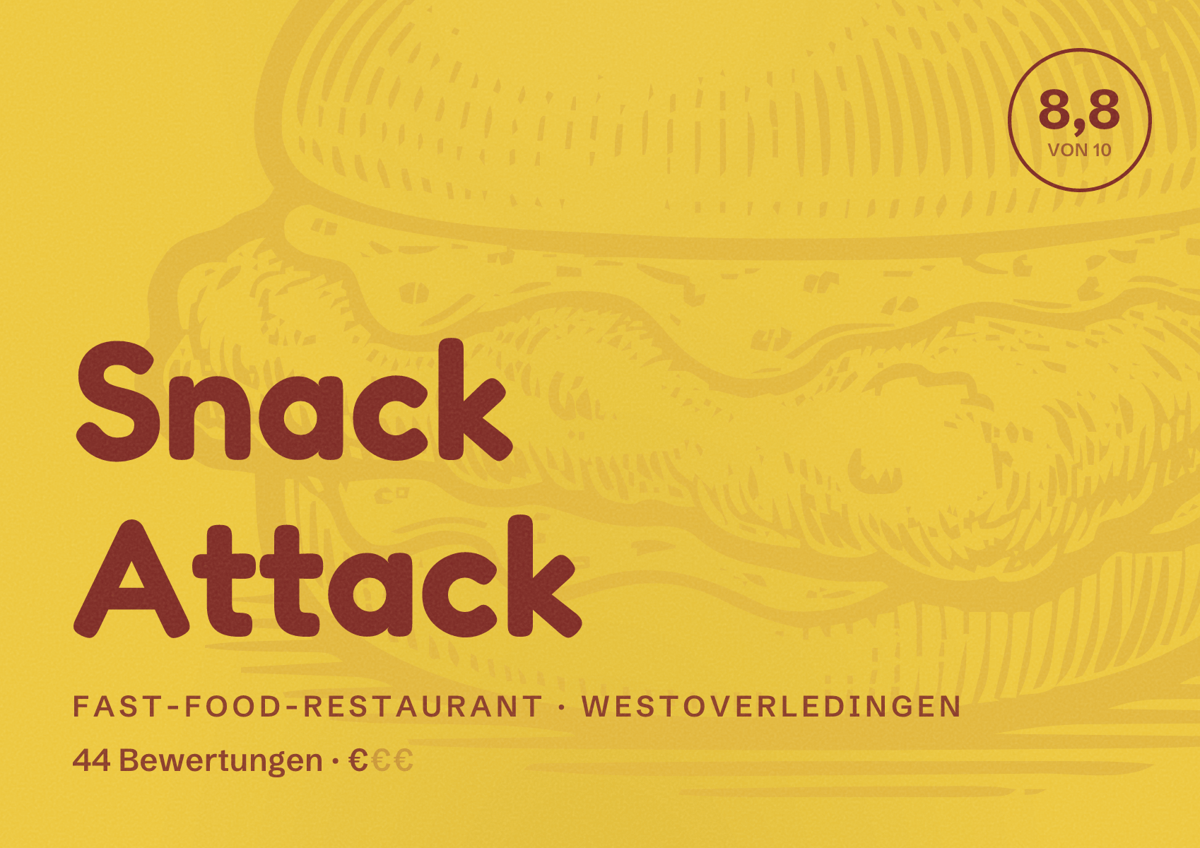 Illustriertes Poster von Snack Attack, Fast-Food-Restaurant in Westoverledingen: Bewertung 8,8 von 10 aus 44 Bewertungen, Preisniveau €