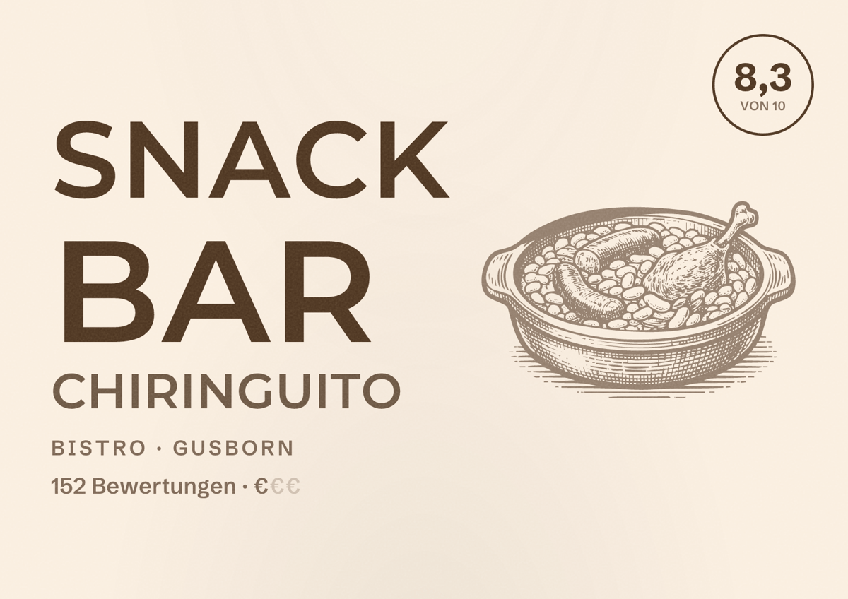 Illustriertes Poster von Snack Bar Chiringuito, Bistro in Gusborn: Bewertung 8,3 von 10 aus 152 Bewertungen, Preisniveau €