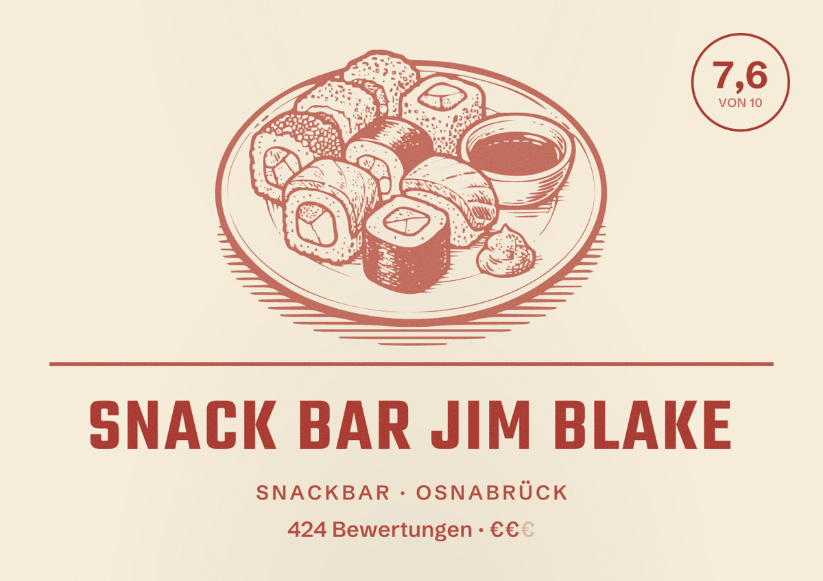 Illustriertes Poster von Snack Bar Jim Blake, Snackbar in Osnabrück: Bewertung 7,6 von 10 aus 424 Bewertungen, Preisniveau €€