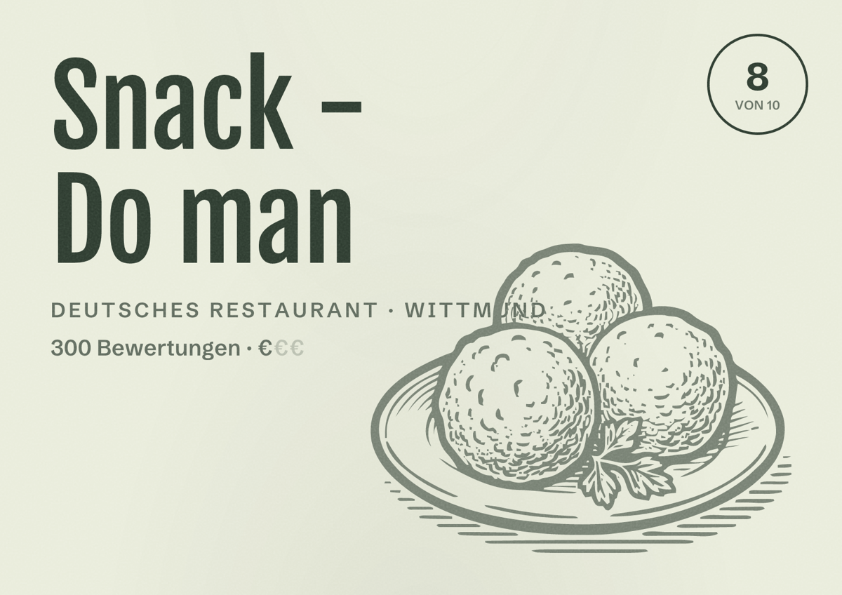 Illustriertes Poster von Snack - Do man, Deutsches Restaurant in Wittmund: Bewertung 8 von 10 aus 300 Bewertungen, Preisniveau €