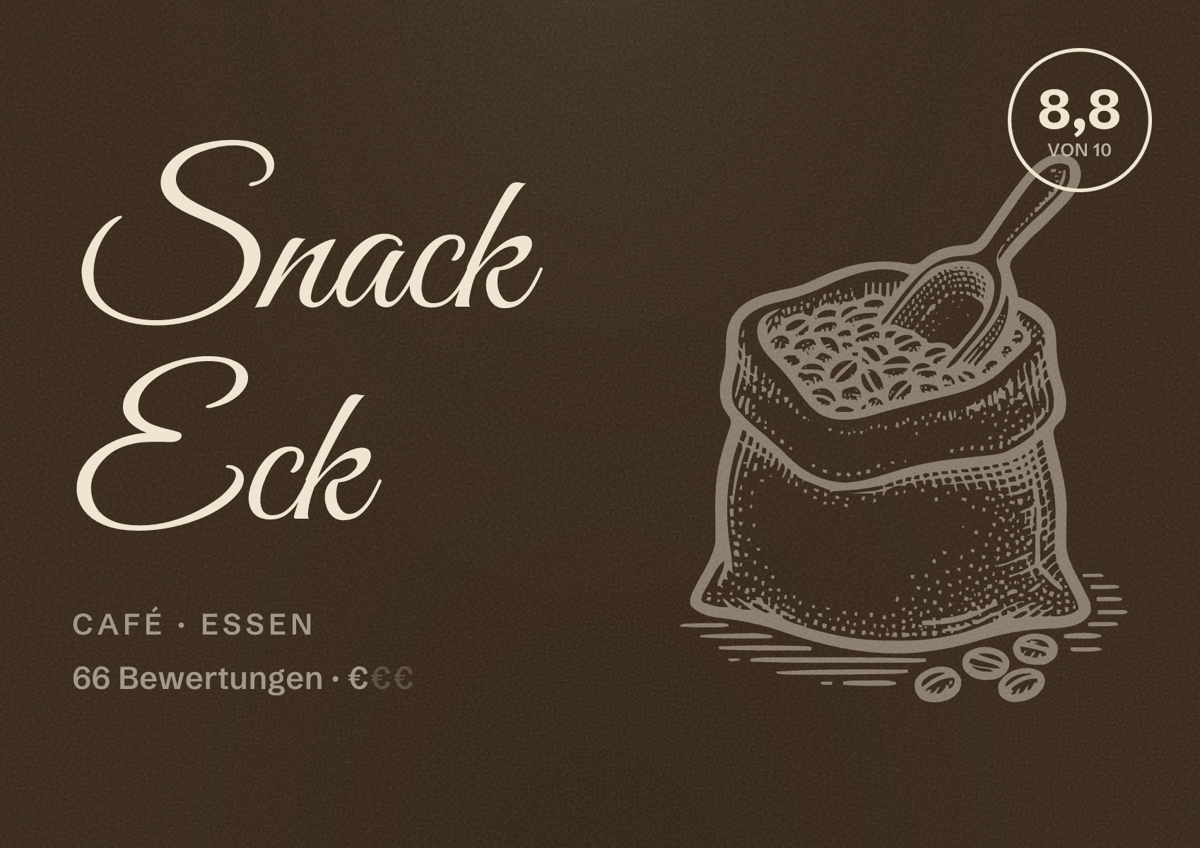 Illustriertes Poster von Snack Eck, Café in Essen: Bewertung 8,8 von 10 aus 66 Bewertungen, Preisniveau €