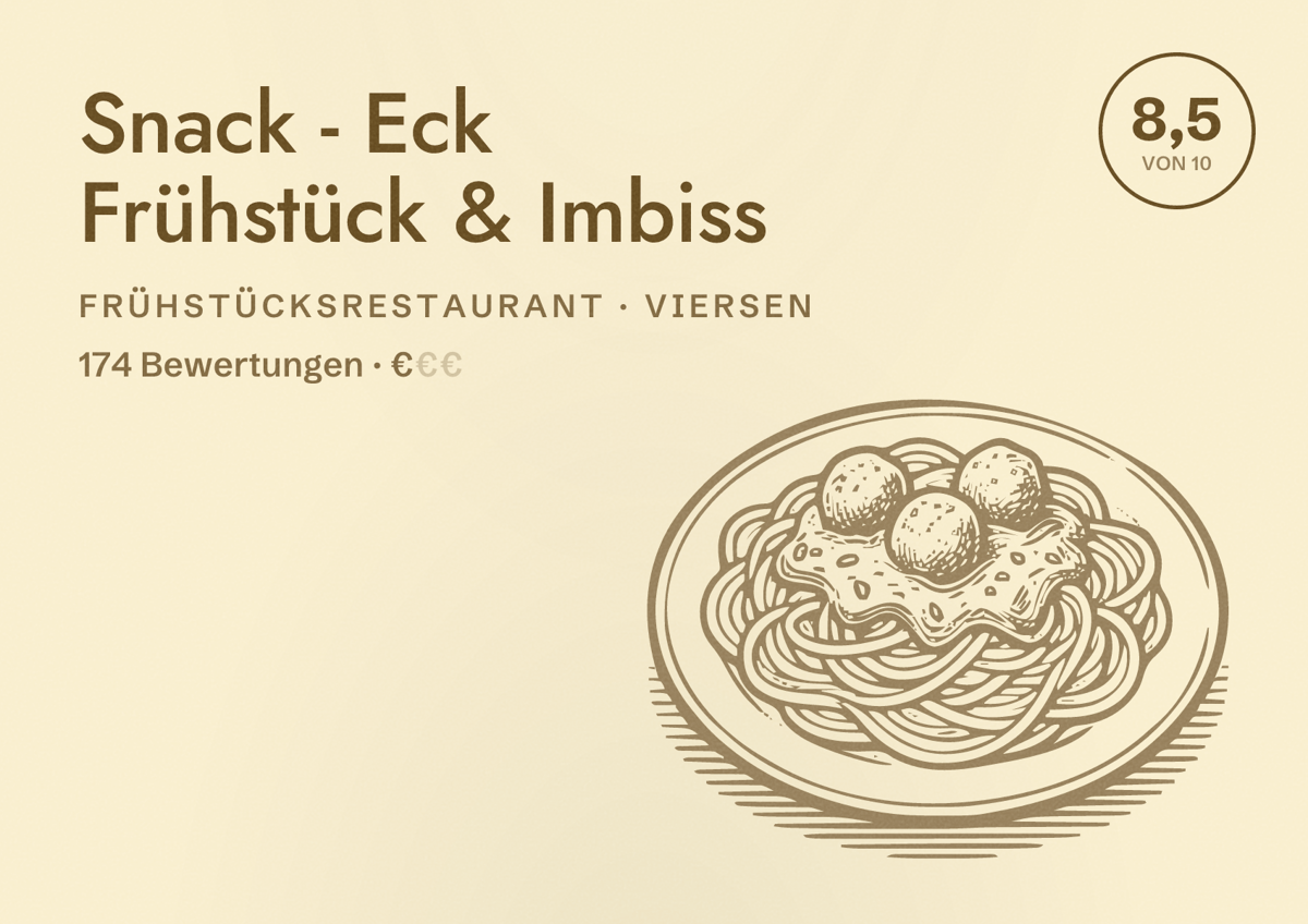 Illustriertes Poster von Snack - Eck Frühstück & Imbiss, Frühstücksrestaurant in Viersen: Bewertung 8,5 von 10 aus 174 Bewertungen, Preisniveau €