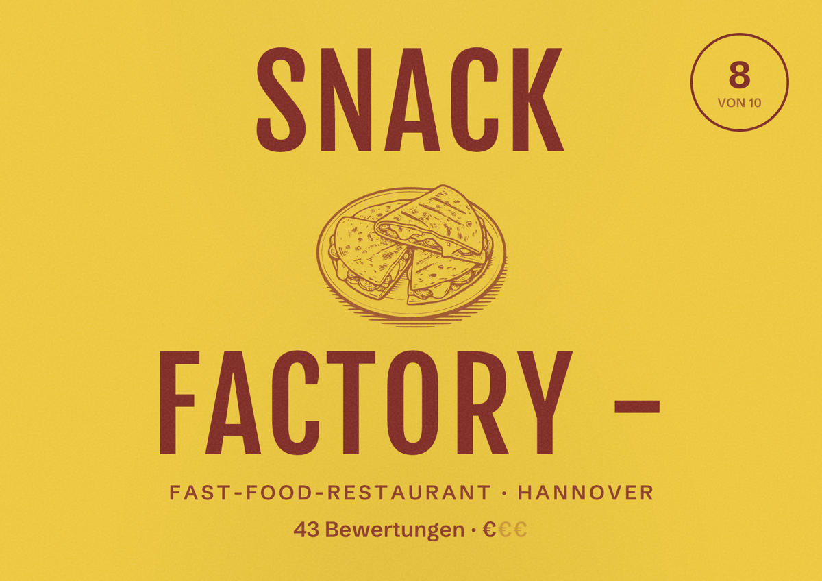 Illustriertes Poster von Snack Factory -, Fast-Food-Restaurant in Hannover: Bewertung 8 von 10 aus 43 Bewertungen, Preisniveau €