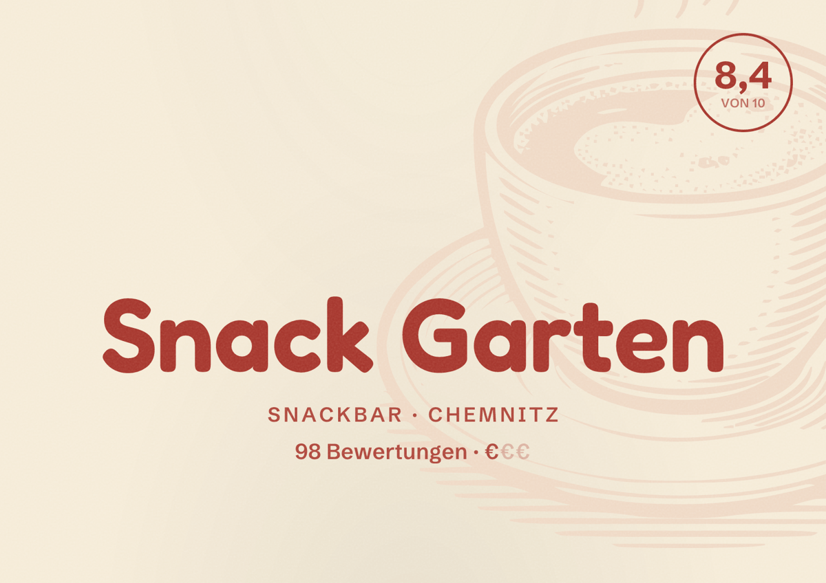 Illustriertes Poster von Snack Garten, Snackbar in Chemnitz: Bewertung 8,4 von 10 aus 98 Bewertungen, Preisniveau €