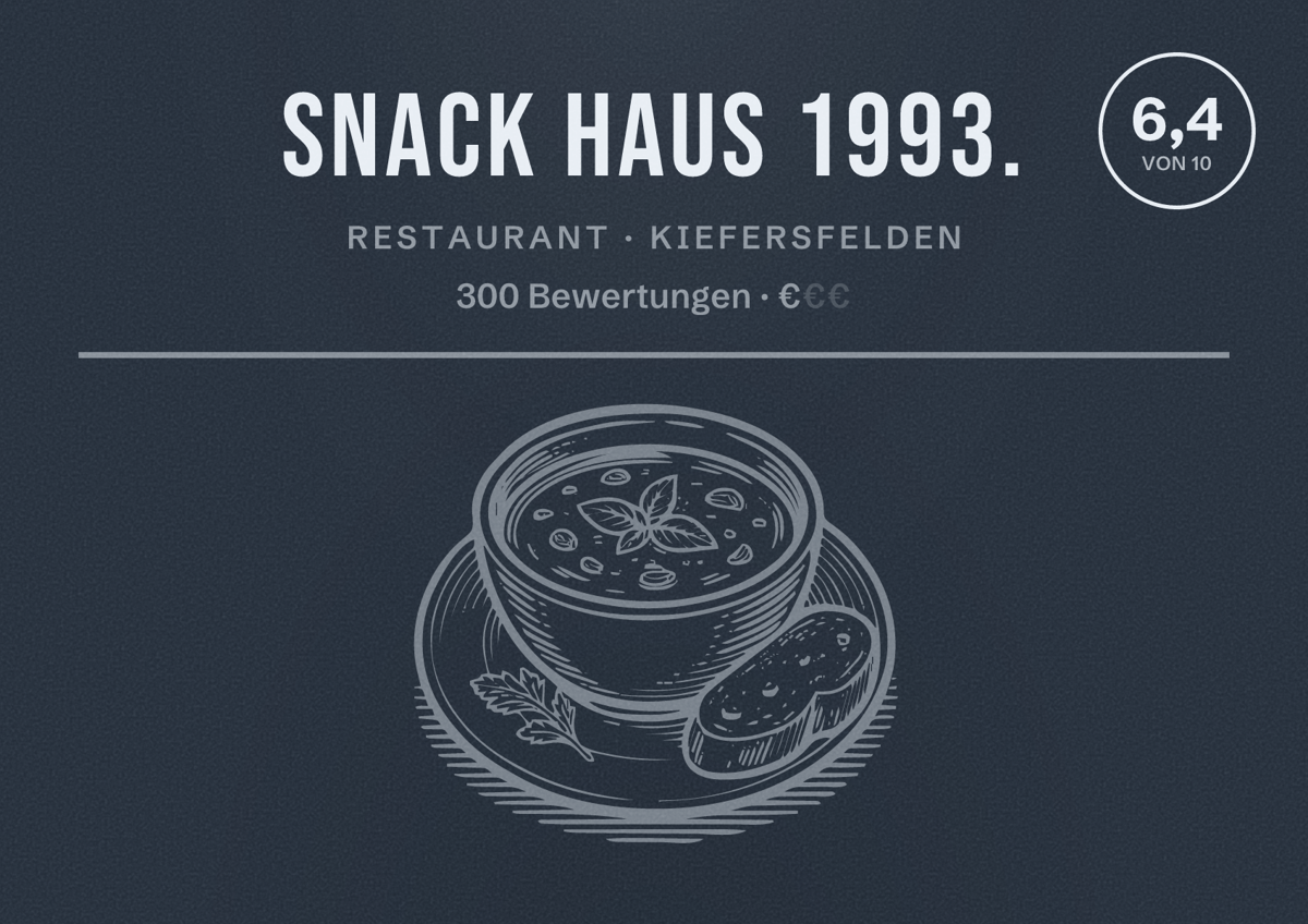 Illustriertes Poster von Snack Haus 1993., Restaurant in Kiefersfelden: Bewertung 6,4 von 10 aus 300 Bewertungen, Preisniveau €