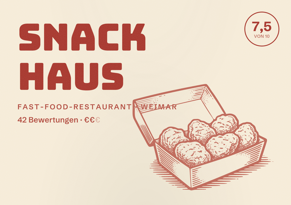 Illustriertes Poster von Snack haus, Fast-Food-Restaurant in Weimar: Bewertung 7,5 von 10 aus 42 Bewertungen, Preisniveau €€