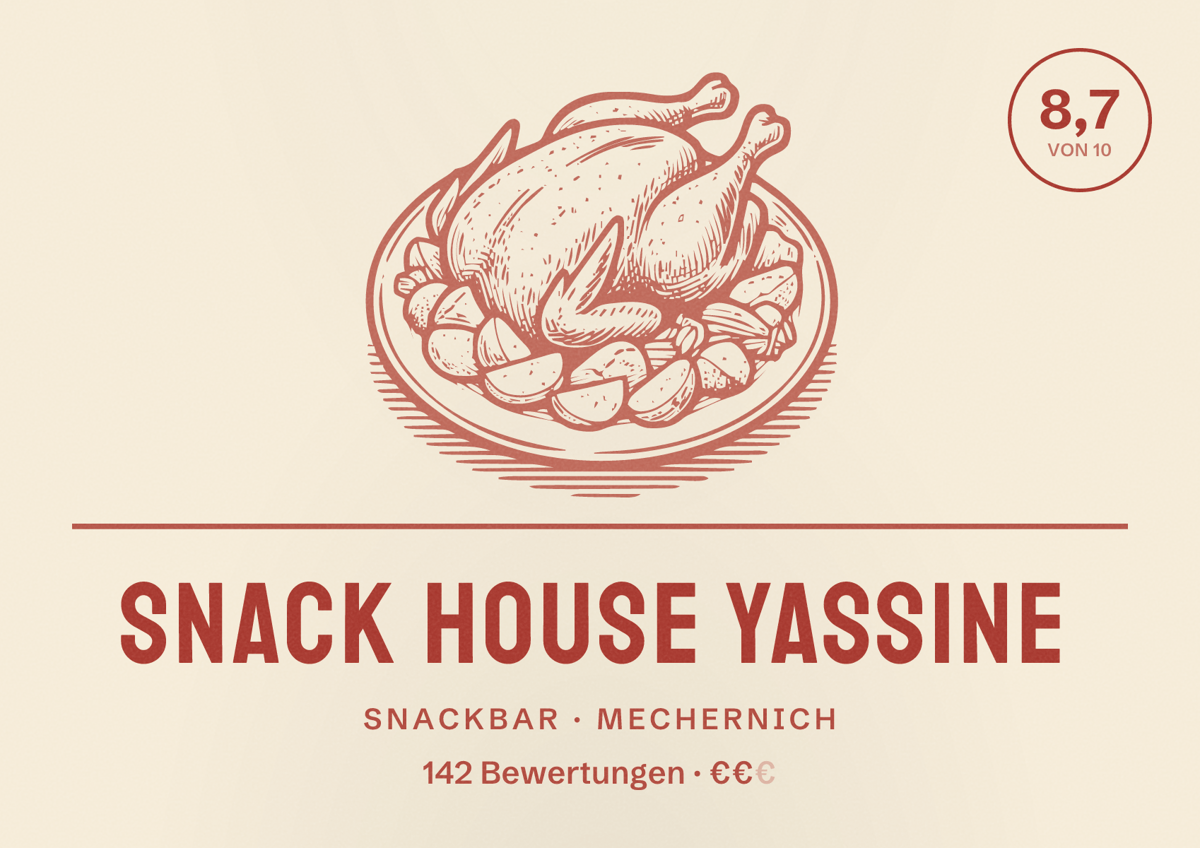 Illustriertes Poster von Snack House Yassine, Snackbar in Mechernich: Bewertung 8,7 von 10 aus 142 Bewertungen, Preisniveau €€