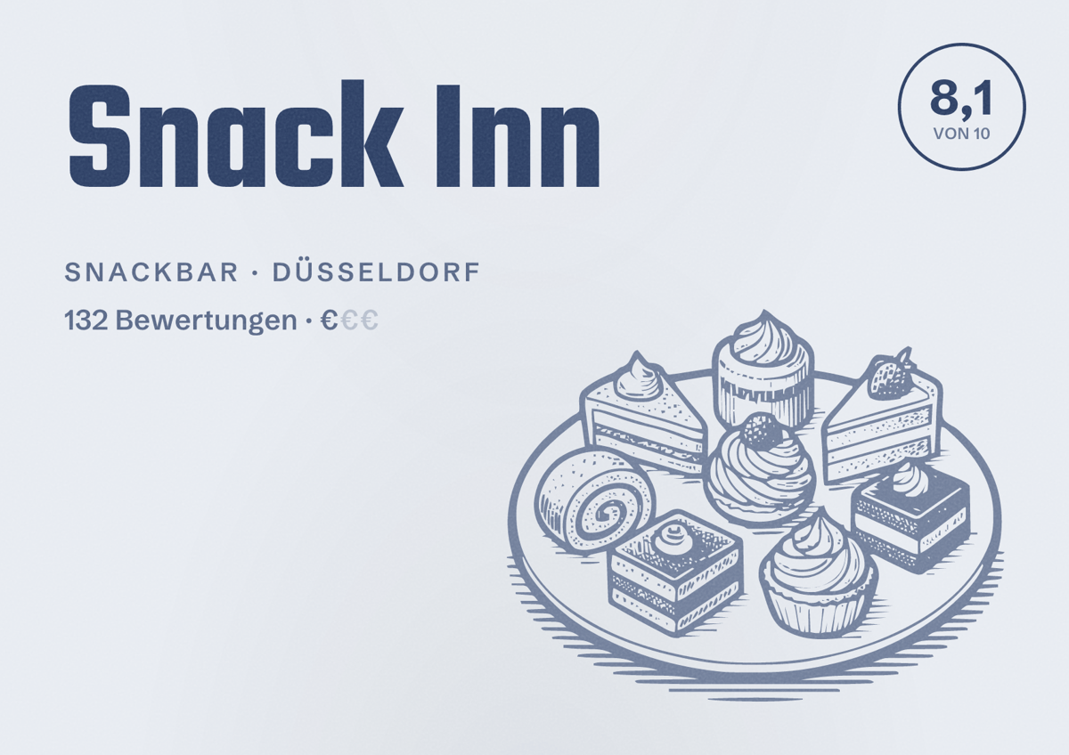 Illustriertes Poster von Snack Inn, Snackbar in Düsseldorf: Bewertung 8,1 von 10 aus 132 Bewertungen, Preisniveau €