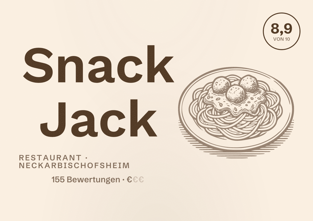 Illustriertes Poster von Snack Jack, Restaurant in Neckarbischofsheim: Bewertung 8,9 von 10 aus 155 Bewertungen, Preisniveau €