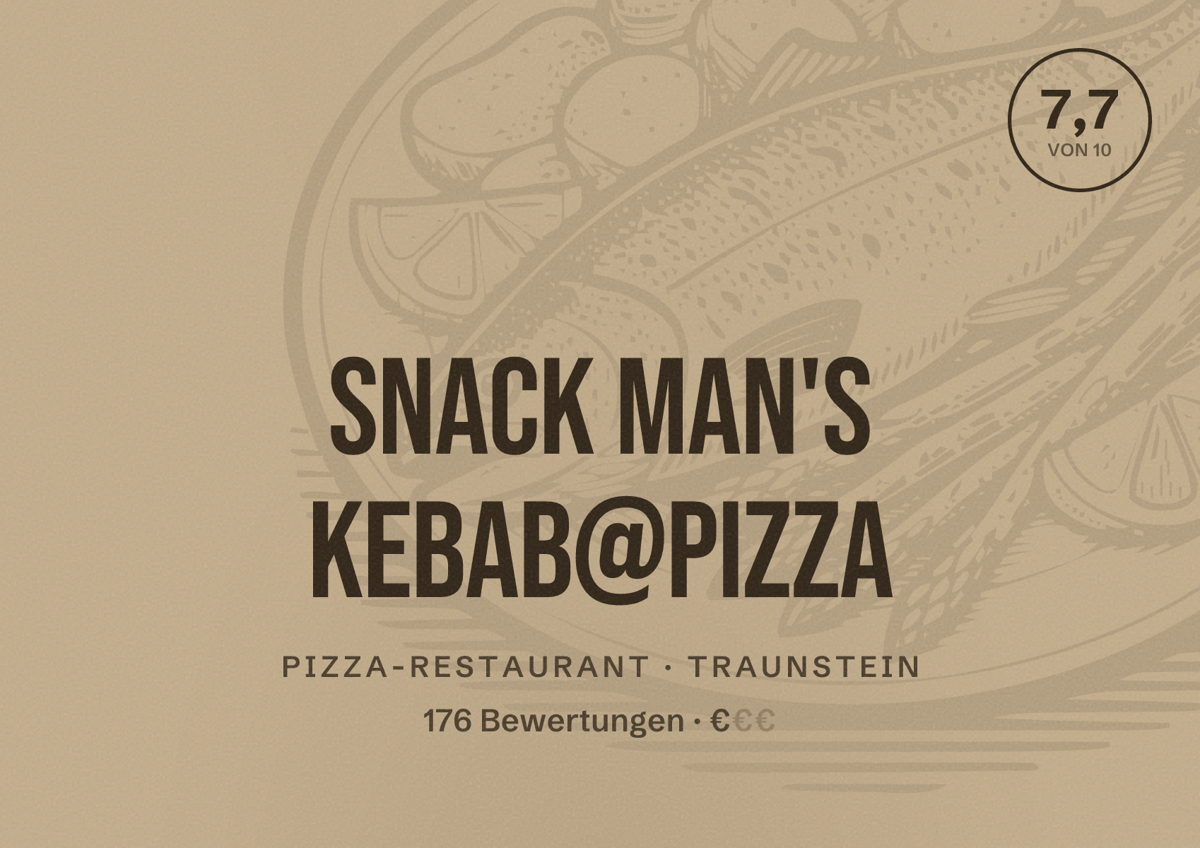 Illustriertes Poster von SNACK MAN's Kebab@Pizza, Pizza-Restaurant in Traunstein: Bewertung 7,7 von 10 aus 176 Bewertungen, Preisniveau €