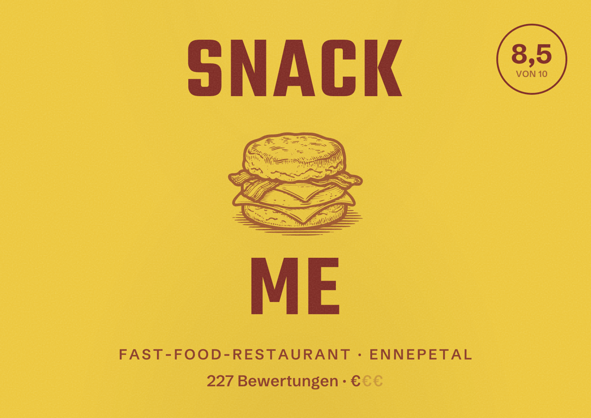 Illustriertes Poster von SNACK ME, Fast-Food-Restaurant in Ennepetal: Bewertung 8,5 von 10 aus 227 Bewertungen, Preisniveau €