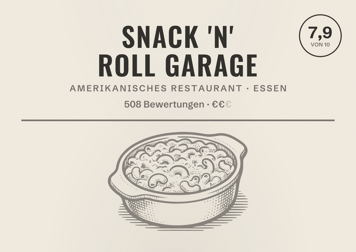 Illustriertes Poster von Snack 'n' Roll Garage, Amerikanisches Restaurant in Essen: Bewertung 7,9 von 10 aus 508 Bewertungen, Preisniveau €€