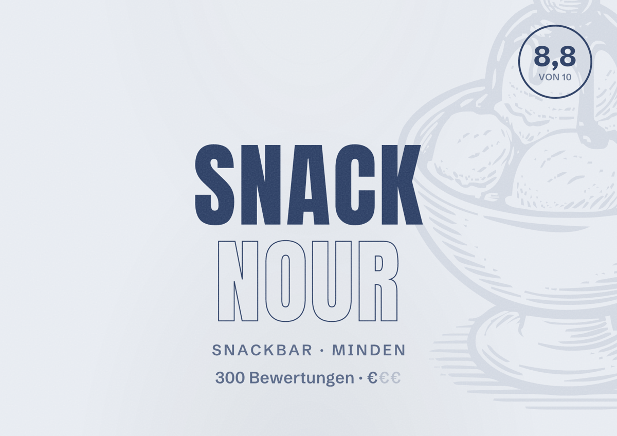 Illustriertes Poster von Snack Nour, Snackbar in Minden: Bewertung 8,8 von 10 aus 300 Bewertungen, Preisniveau €