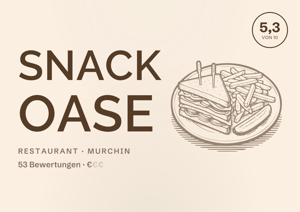 Illustriertes Poster von Snack Oase, Restaurant in Murchin: Bewertung 5,3 von 10 aus 53 Bewertungen, Preisniveau €