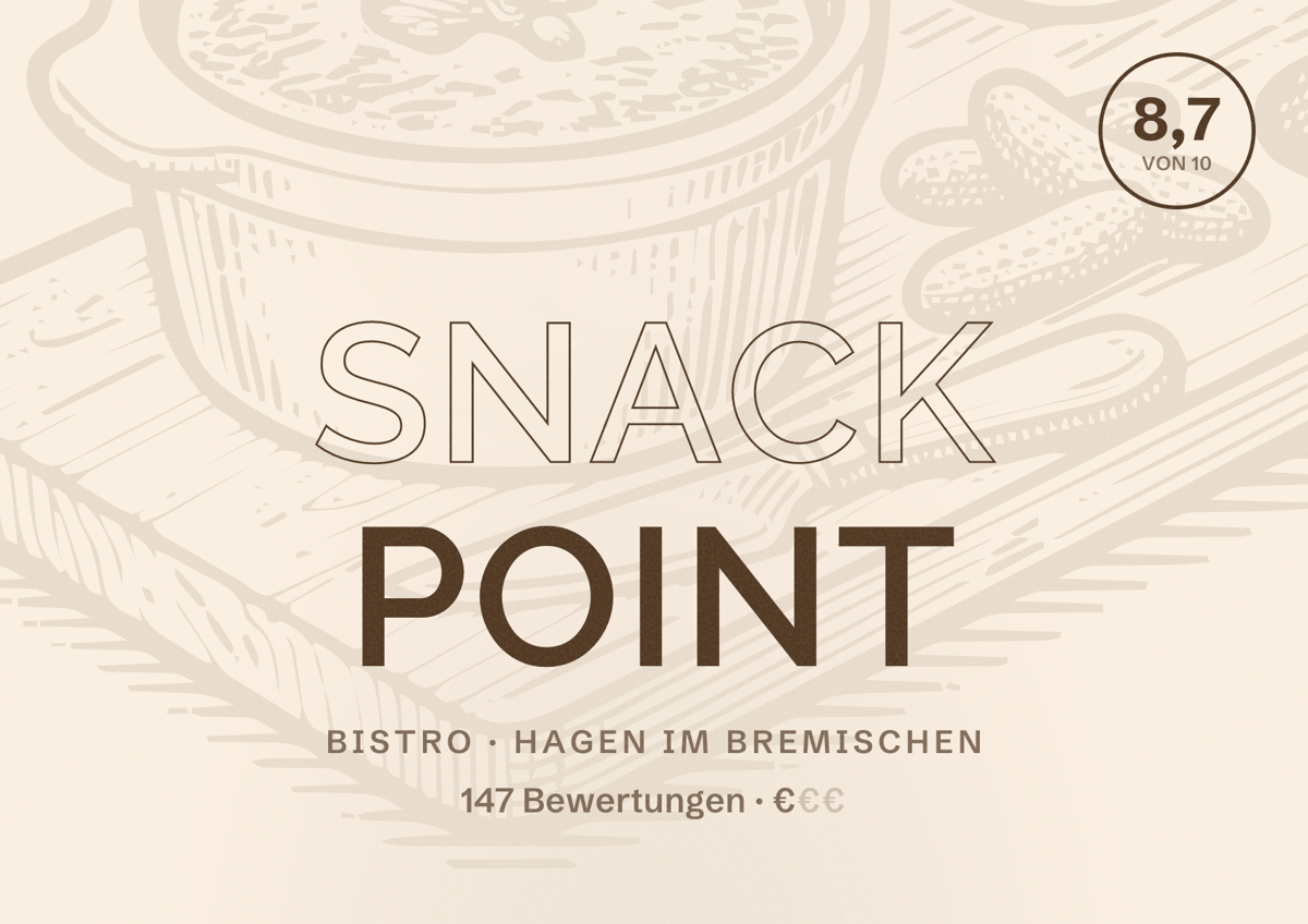 Illustriertes Poster von Snack Point, Bistro in Hagen im Bremischen: Bewertung 8,7 von 10 aus 147 Bewertungen, Preisniveau €