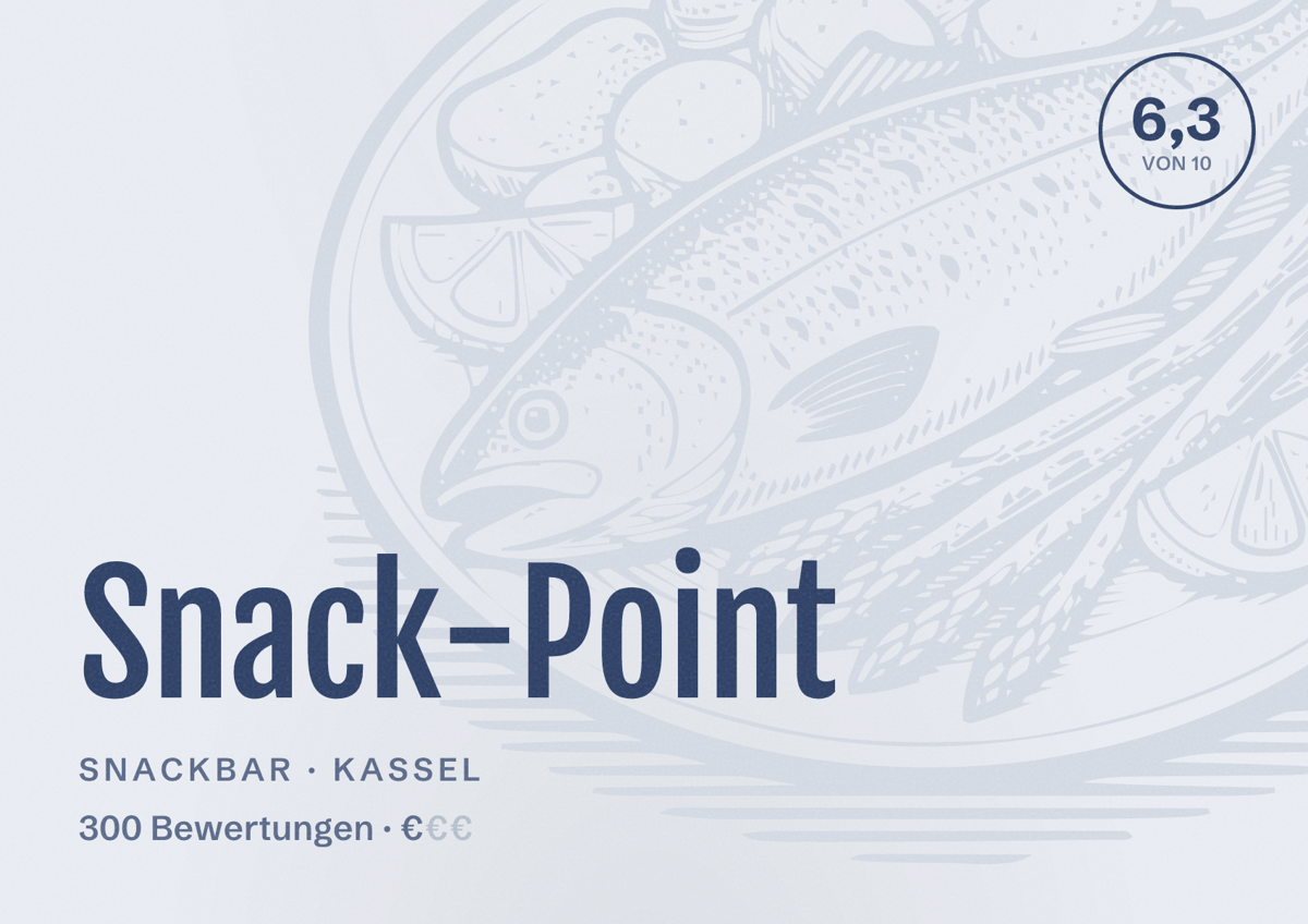 Illustriertes Poster von Snack-Point, Snackbar in Kassel: Bewertung 6,3 von 10 aus 300 Bewertungen, Preisniveau €