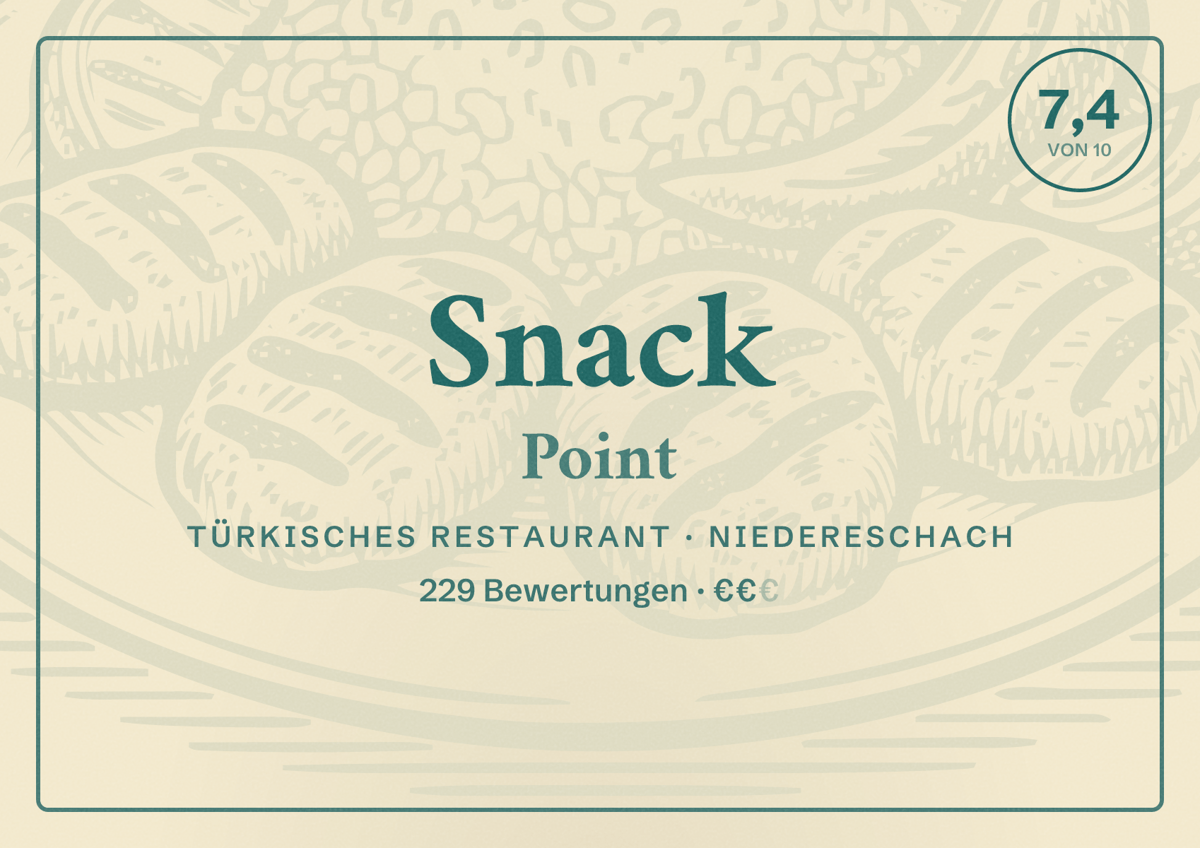 Illustriertes Poster von Snack Point, Türkisches Restaurant in Niedereschach: Bewertung 7,4 von 10 aus 229 Bewertungen, Preisniveau €€