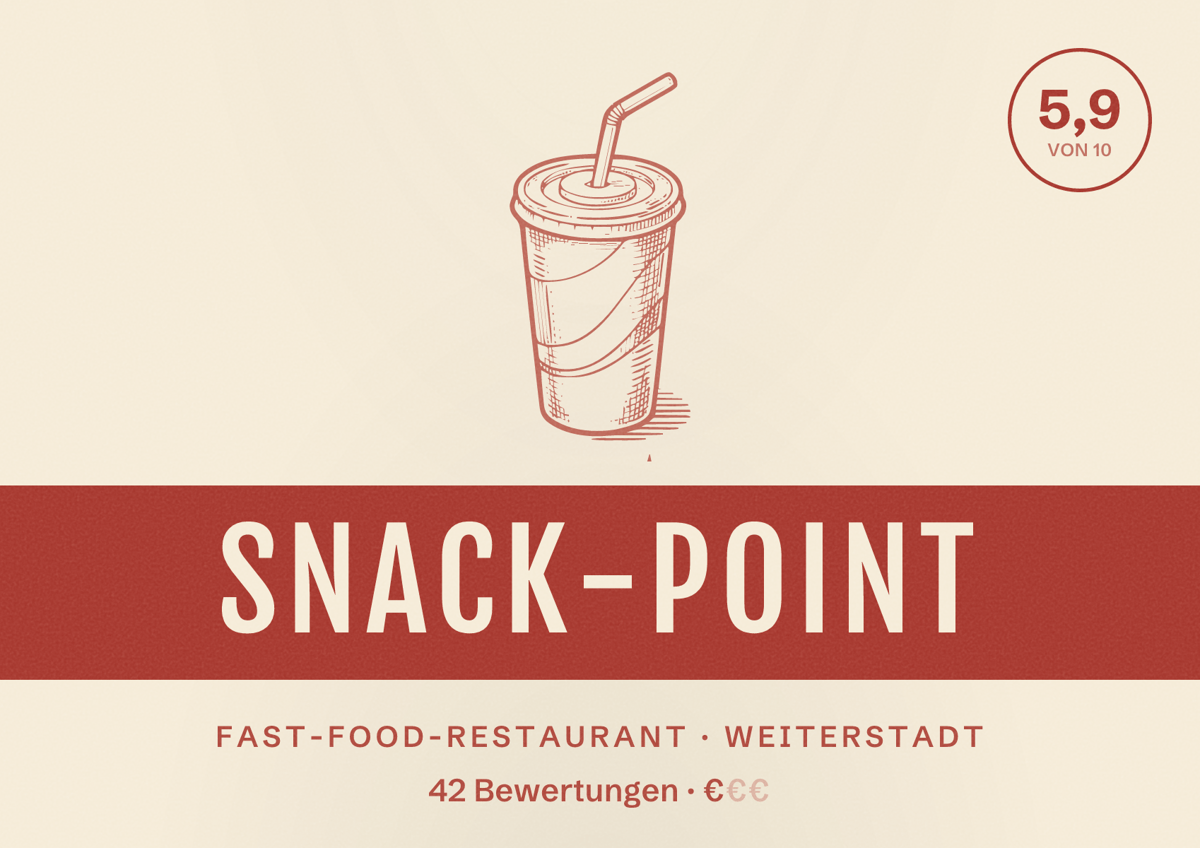 Illustriertes Poster von Snack-Point, Fast-Food-Restaurant in Weiterstadt: Bewertung 5,9 von 10 aus 42 Bewertungen, Preisniveau €