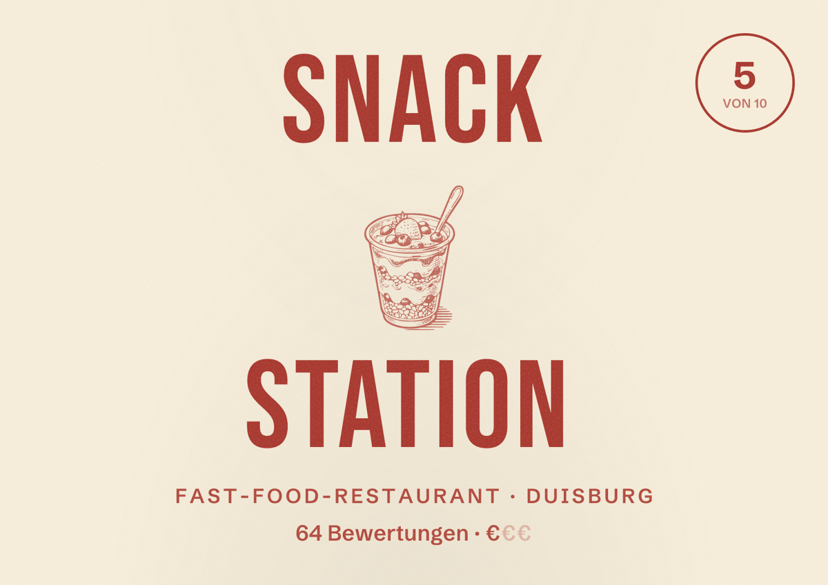 Illustriertes Poster von Snack Station, Fast-Food-Restaurant in Duisburg: Bewertung 5 von 10 aus 64 Bewertungen, Preisniveau €