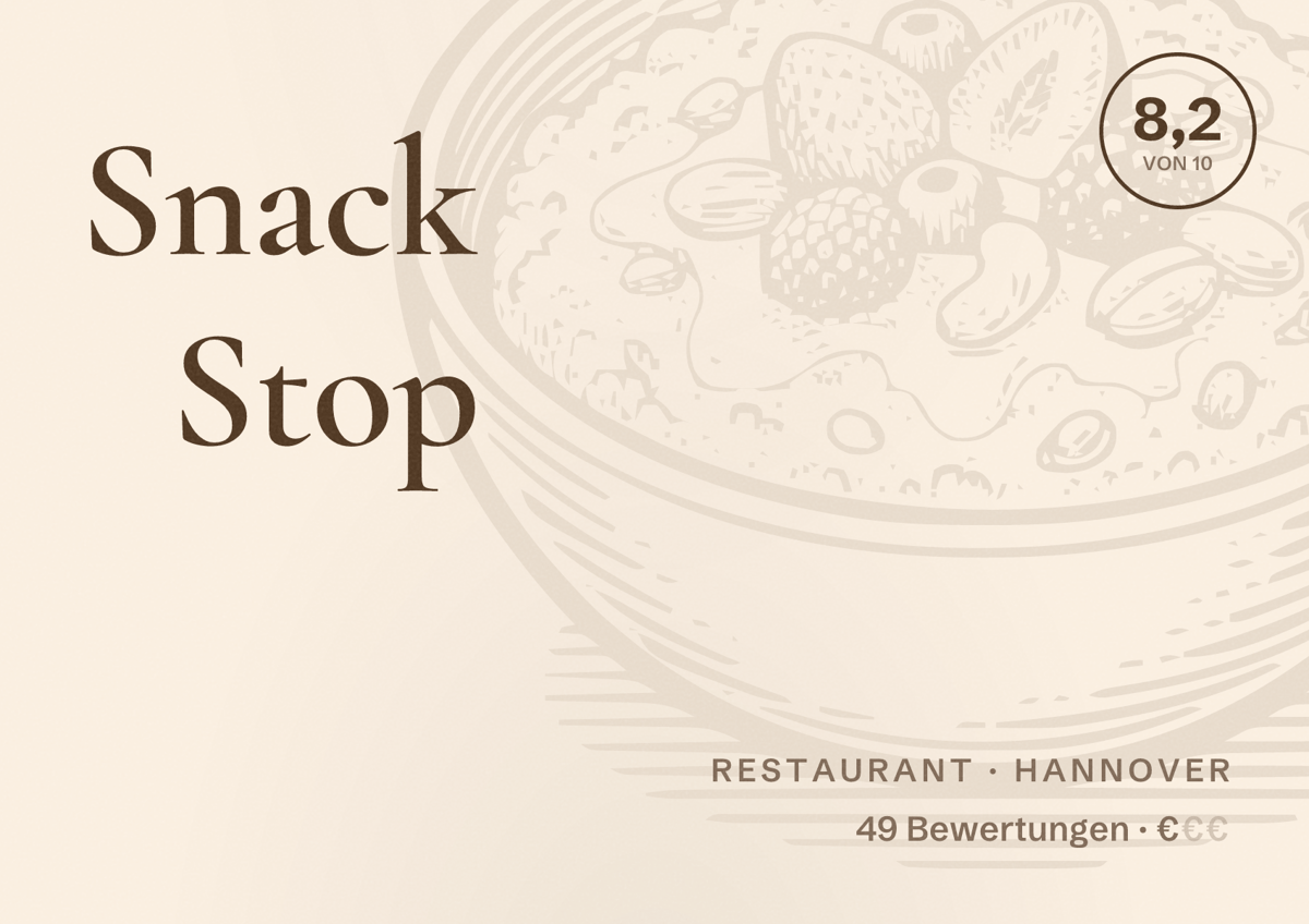 Illustriertes Poster von Snack Stop, Restaurant in Hannover: Bewertung 8,2 von 10 aus 49 Bewertungen, Preisniveau €