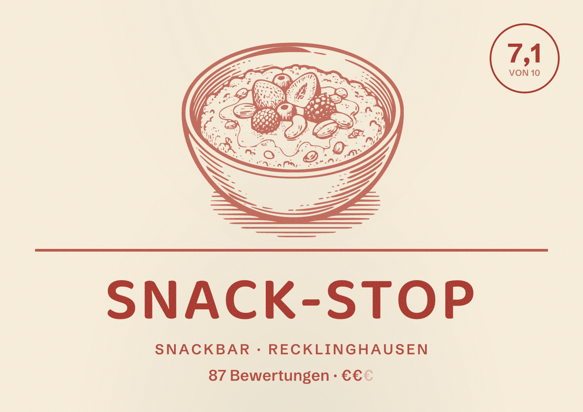 Illustriertes Poster von Snack-Stop, Snackbar in Recklinghausen: Bewertung 7,1 von 10 aus 87 Bewertungen, Preisniveau €€