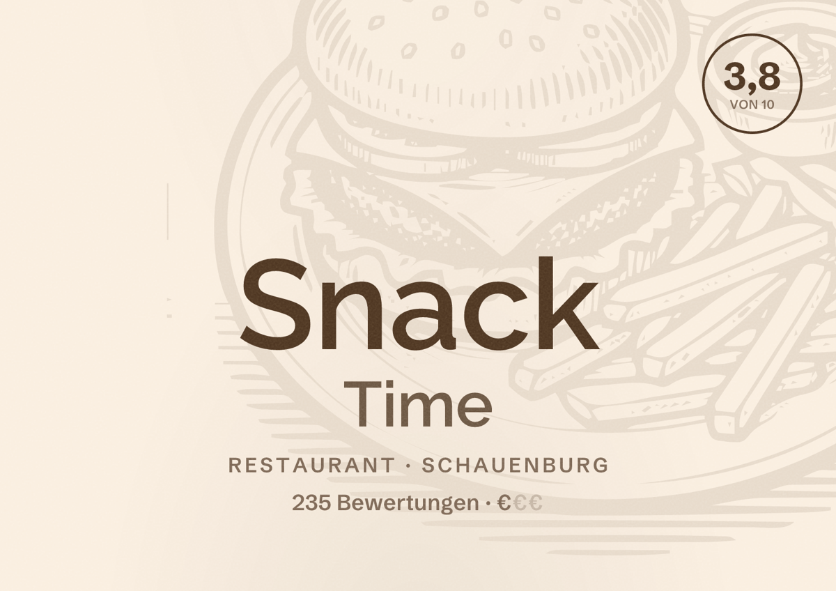 Illustriertes Poster von Snack Time, Restaurant in Schauenburg: Bewertung 3,8 von 10 aus 235 Bewertungen, Preisniveau €