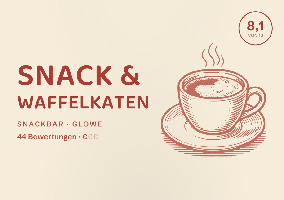 Illustriertes Poster von Snack & Waffelkaten, Snackbar in Glowe: Bewertung 8,1 von 10 aus 44 Bewertungen, Preisniveau €