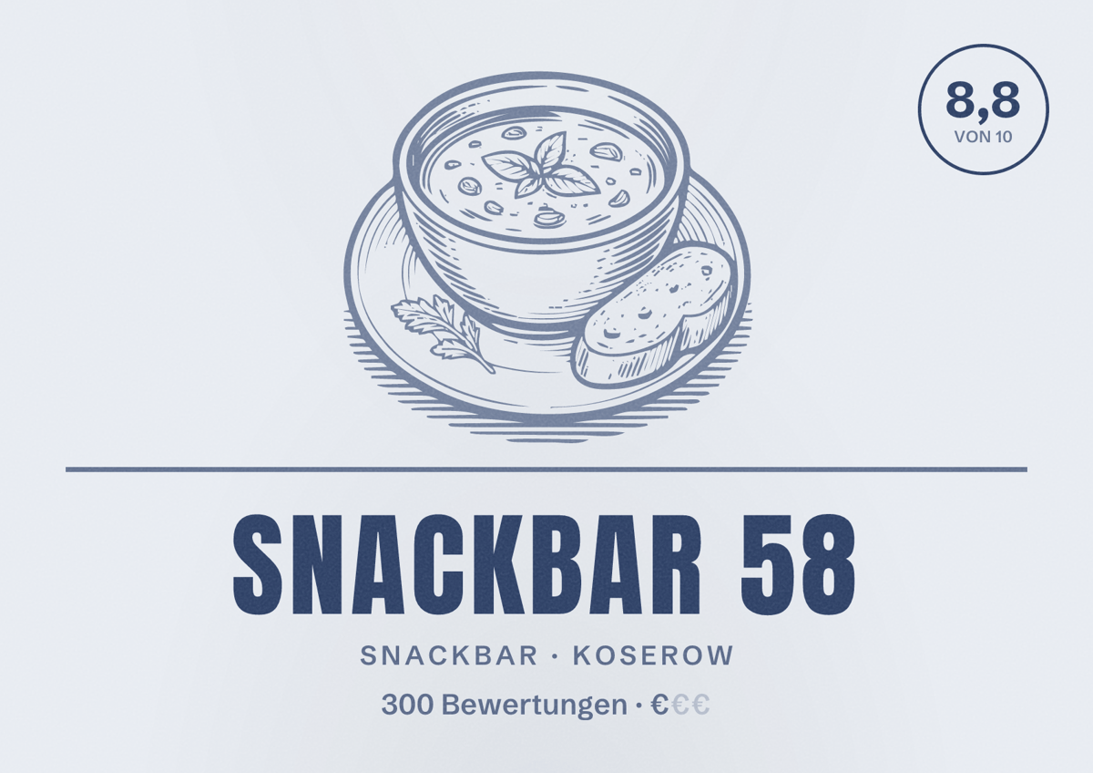 Illustriertes Poster von Snackbar 58, Snackbar in Koserow: Bewertung 8,8 von 10 aus 300 Bewertungen, Preisniveau €