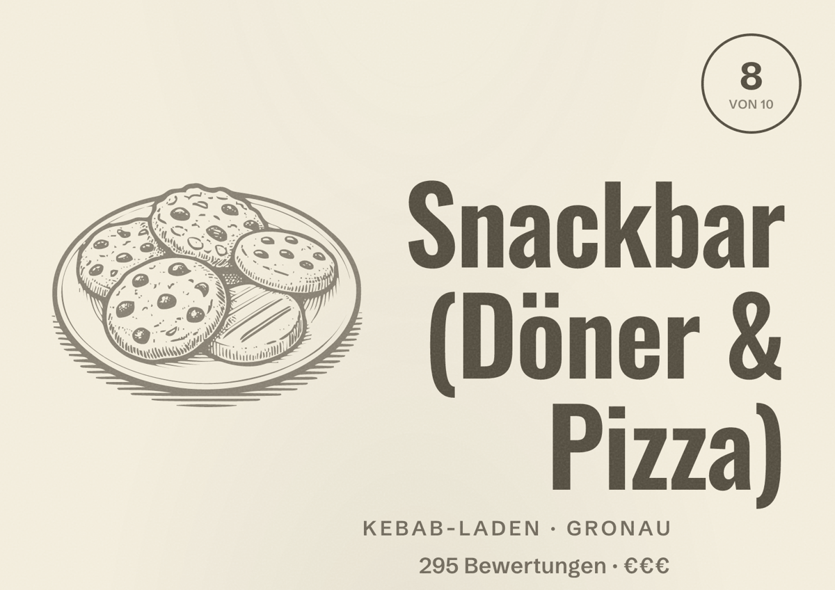 Illustriertes Poster von Snackbar (Döner & Pizza), Kebab-Laden in Gronau: Bewertung 8 von 10 aus 295 Bewertungen, Preisniveau €€€