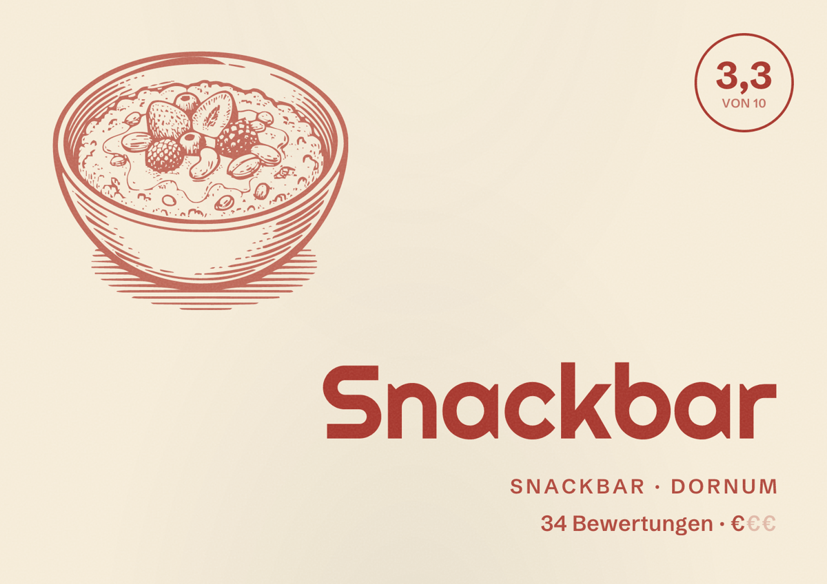 Illustriertes Poster von Snackbar, Snackbar in Dornum: Bewertung 3,3 von 10 aus 34 Bewertungen, Preisniveau €