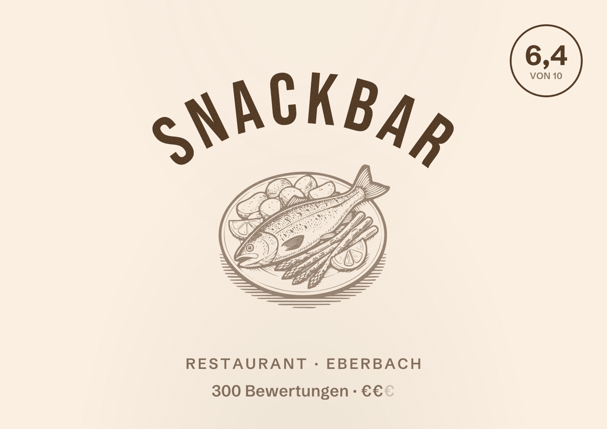 Illustriertes Poster von Snackbar, Restaurant in Eberbach: Bewertung 6,4 von 10 aus 300 Bewertungen, Preisniveau €€