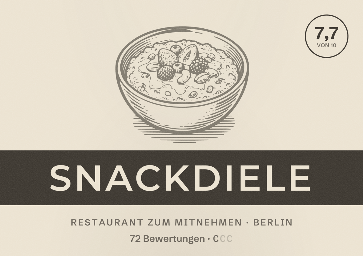 Illustriertes Poster von SnackDiele, Restaurant zum Mitnehmen in Berlin: Bewertung 7,7 von 10 aus 72 Bewertungen, Preisniveau €