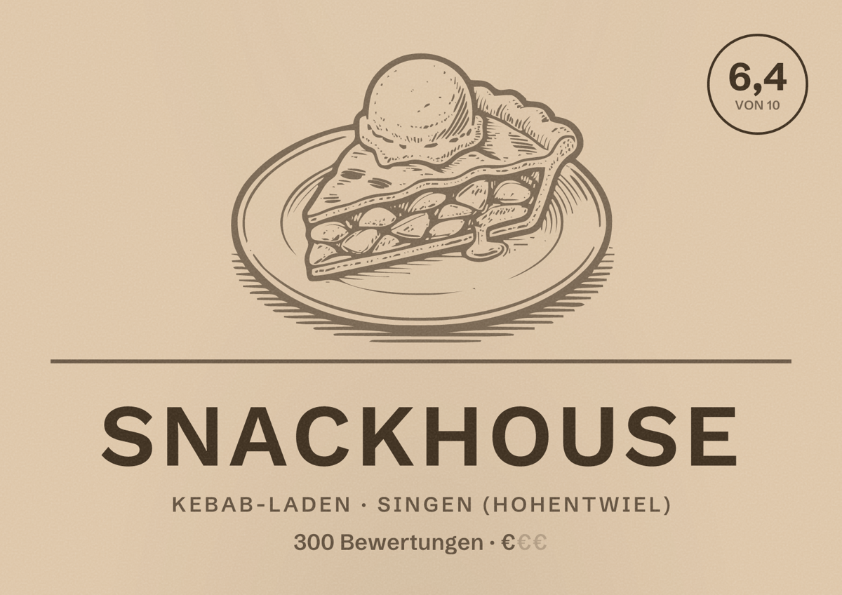 Illustriertes Poster von Snackhouse, Kebab-Laden in Singen (Hohentwiel): Bewertung 6,4 von 10 aus 300 Bewertungen, Preisniveau €