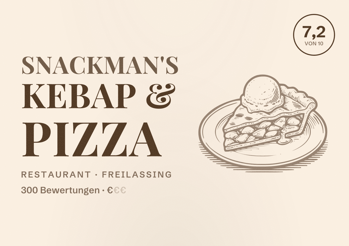 Illustriertes Poster von Snackman's Kebap & Pizza, Restaurant in Freilassing: Bewertung 7,2 von 10 aus 300 Bewertungen, Preisniveau €