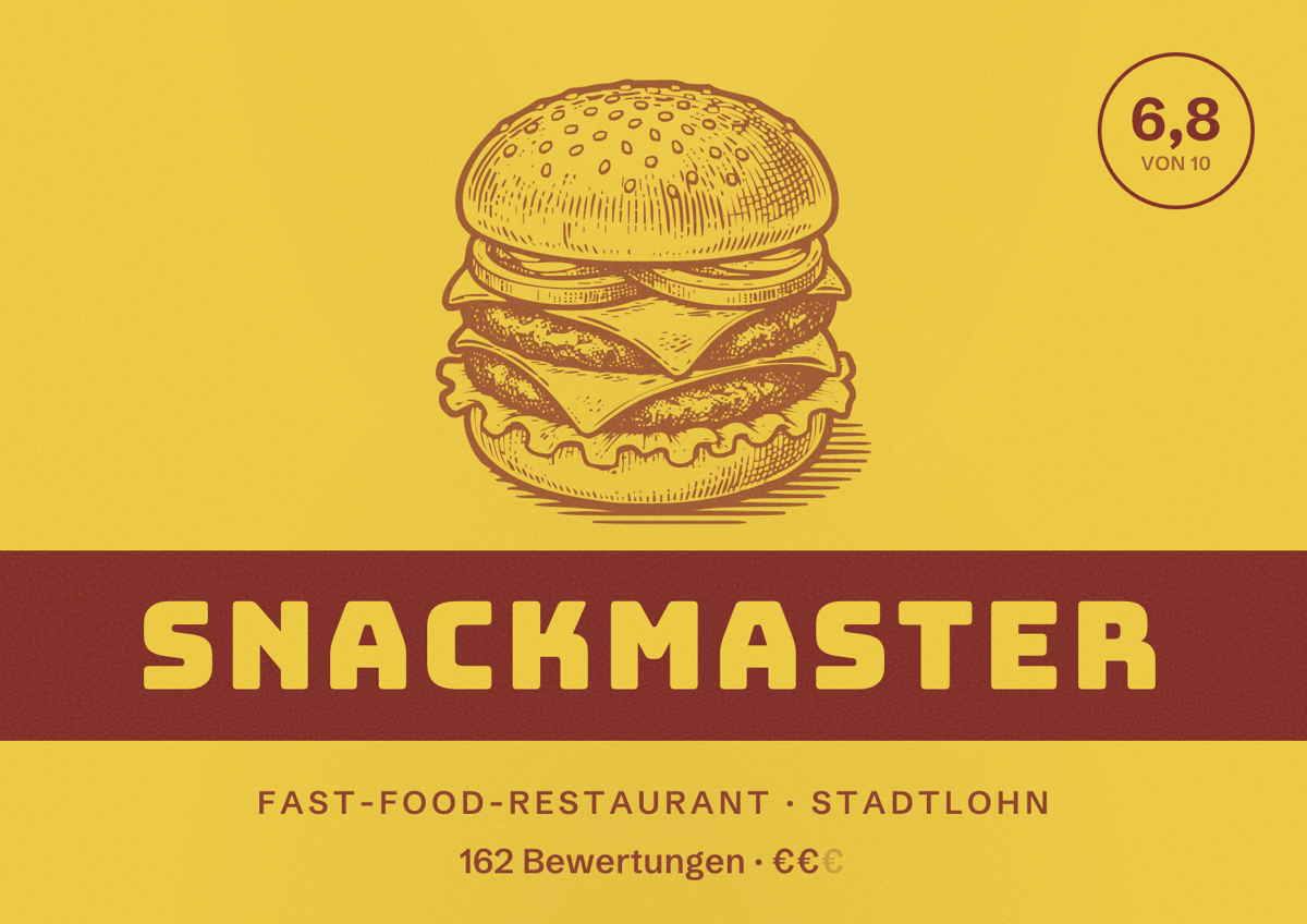 Illustriertes Poster von Snackmaster, Fast-Food-Restaurant in Stadtlohn: Gästebewertung 6,8 von 10 aus 162 Bewertungen