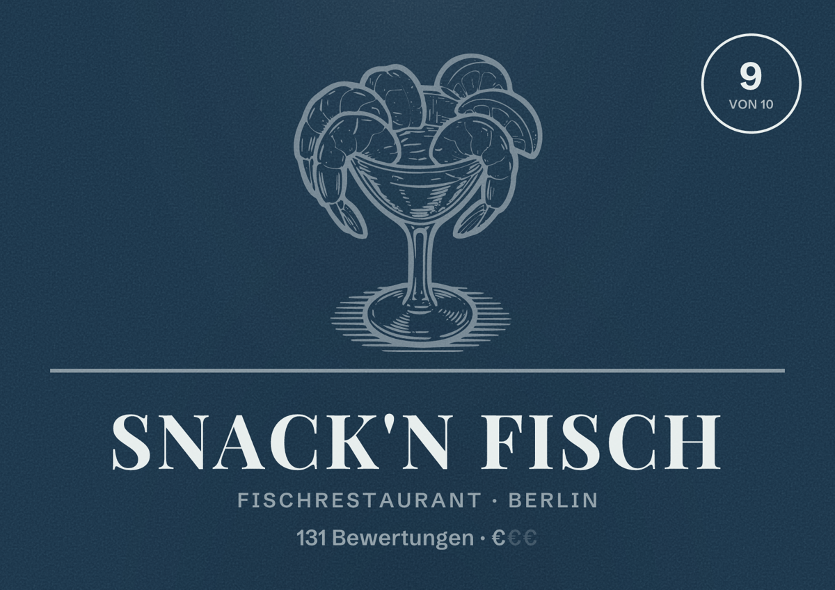 Illustriertes Poster von Snack'n Fisch, Fischrestaurant in Berlin: Bewertung 9,0 von 10 aus 131 Bewertungen, Preisniveau €